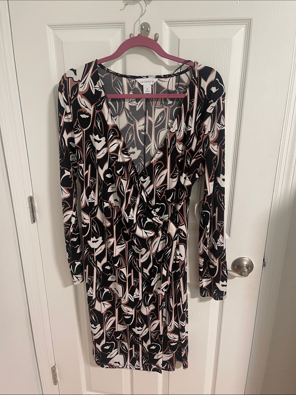 NWT Liz Claiborne Black Floral-Print Wrap Dress with Blush Accents
